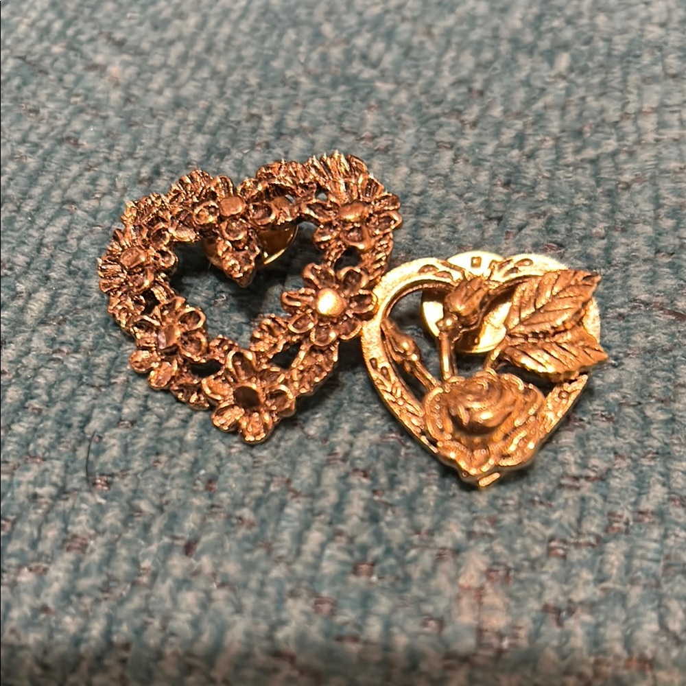 2 Gold tone Floral 1 signed Camco Brooch in Heart Shape